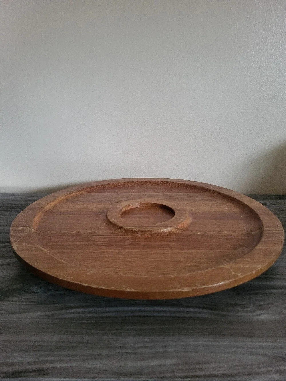 Vintage Dolphin Teak Wood Round Serving Tray 1970s
